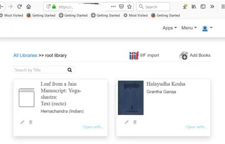Figure 7: Screenshot of Vedavaapi library view showing books imported from archive.org viaIIIF importer.