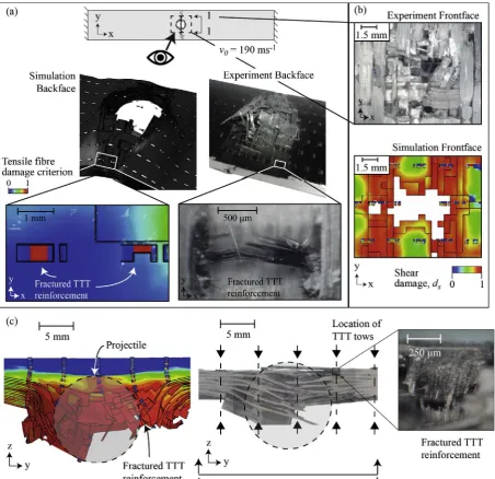 Fig. 8.damage,Contour for the back-face at the location of TTT reinforcement shows tensile (a) and (b) Comparison between the experimentally observed and the numerically predicted damage mechanisms for a high velocity projectile impact event (the experimen