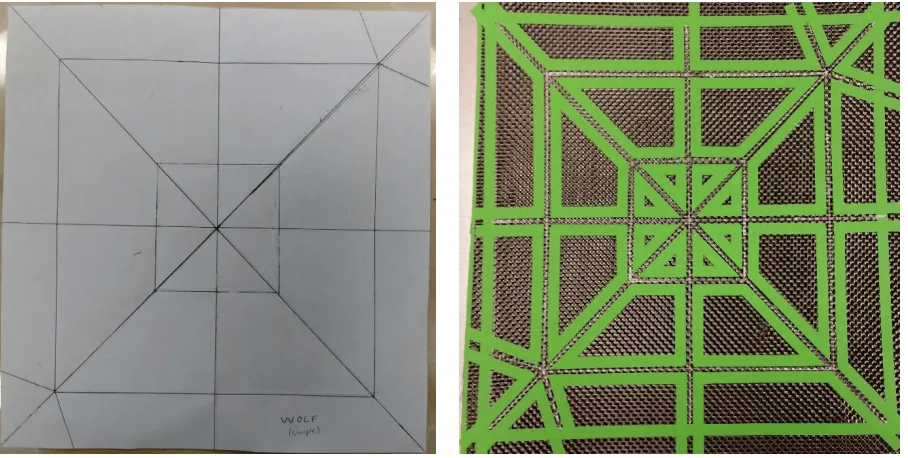 FIGURE 16.  PAPER FOLD PATTERN AND PRE-SILICONE-INFUSION BOUNDED CARBON FIBER OF ORIGAMI WOLF 