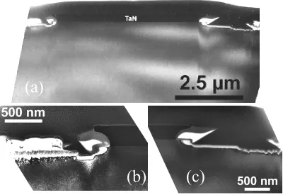 Figure 3.3. The Cross-section TEM view of the transistor with SiOoverall view, (b) magnified TaN left edge view and (c) magnified TaN right edge view