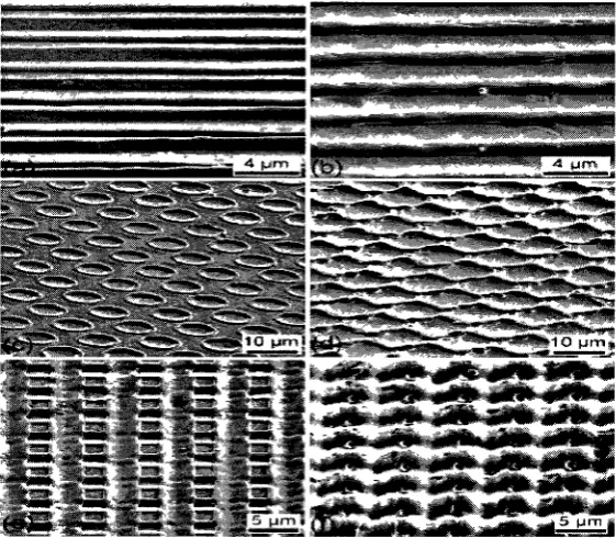 Fig. 2-26. Scanning electron micrographs of the structured surfaces irradiated with low and high laser intensities