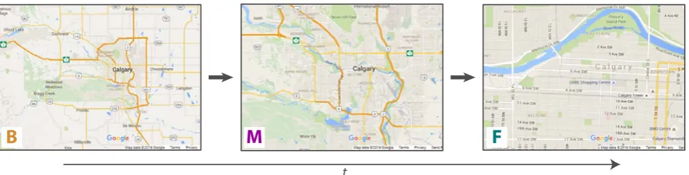 Figure 9: Zooming in on Calgary, Canada using Google Maps. Map data: Google. The time arrow indicates that the viewer is zooming inas time progresses