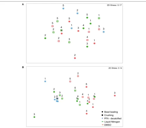 FIGURE 3 | nMDS ordination of bacterial assemblages’ relative abundance in G. edwardsi (A) and I
