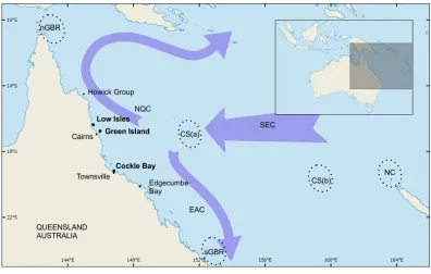 Figure 1Green turtle foraging sites and genetic stocks of interest to this study. Green turtle foragingsites at Low Isles, Green Island and Cockle Bay were sampled for genetic analysis in the present study.These three sites filled a large geographic gap th