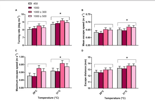 FIGURE 6 | Effects of elevated CO2 and temperature on locomotor fast start traits of juvenile A
