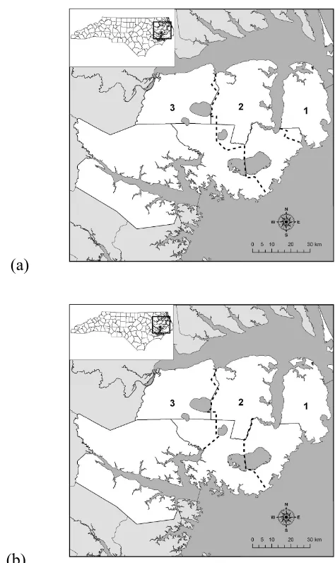 Figure 5.  Maps of red wolf recovery area depicting (a) the original zones and (b) the 