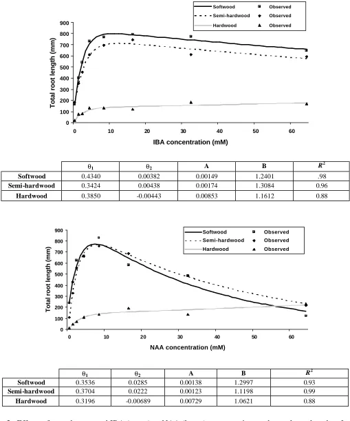 Fig. 3.  Effects of growth stage and IBA (upper) or NAA (lower) concentration on the total root lengths of 