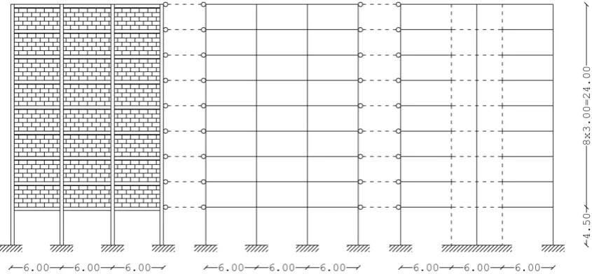 Figure 4. Modelling of 9-storey building with dual system and pilotis (Kappos et al. 2004)