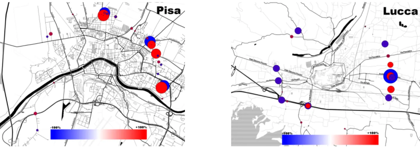 Figure 3.9: Using time-aware map-matched data: this plot highlight traffic flows differences between shortest path and time-aware estimation for the access points of Pisa and Lucca