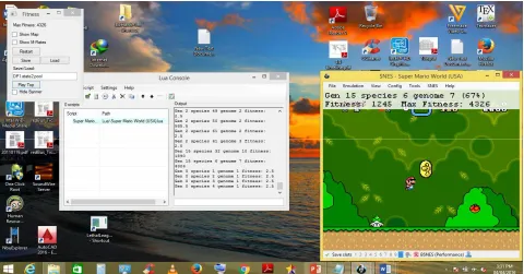 Figure 3: A snapshot of the agent playing Mario Super World, along with its feature extractor working, mapping states with actions and the Bizhawk emulator working in the background