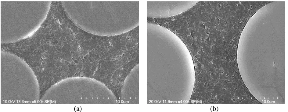 Figure 9. Micrographs of the fiber–matrix interface of a polyester GFRP bar before and after conditioning: (a) before conditioning; (b) after conditioning 