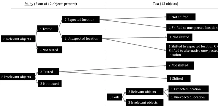 Figure 2. Numbers of different types of target objects and foils used for the study phase, and in the associated recognition test photograph in Study 1