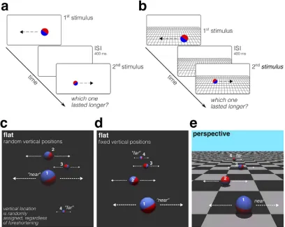 Figure 1. Experimental paradigms and stimuli. The experimental paradigm is illustrated for (a) the flat conditions (empty graybackground) and (b) the perspective conditions (a perspective-rendered checkerboard floor and blue sky; see also e)