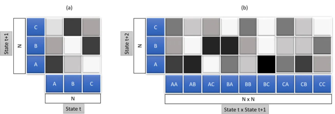 Figure 2.12: An example of single color hue heatmap representation for first (a) and second (b) transition matrix