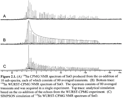 Figure 2.1. (A) "9Sn CPMG NMR spectrum of SnO produced from the co-addition of 10 sub-spectra, each of which consists of 80 averaged transients