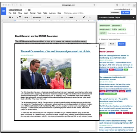 Figure 3: Development of a new story about the EU ref-erendum vote in Google Docs opened with the empty JUICE sidebar 