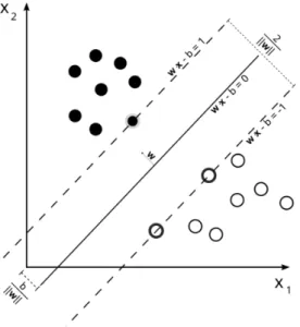 Figure 3.3: Max-margin hyperplane derived from the training of two class SVM [88]