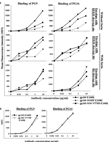 FIG 8 SOS mutations decrease binding to gp120 trimer-speciﬁc antibodies PG9 and PG16, but binding was increased in the presence of the R6 cleavage site andwith furin coexpression
