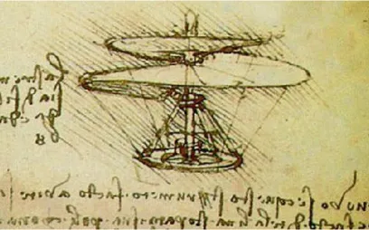 Figure 2.3: ’If this instrument made with a screw be well made - that is to say,made of linen of which the pores are stopped up with starch and be turned swiftly,the said screw will make its spiral in the air and it will rise high.’ - Leonardo DaVinci, 15t