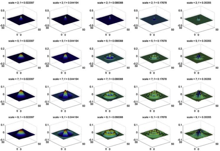 Fig. 7. The 3-D views of the real part of the circular Gabor filter bank at 4 scales, 5 frequencies.