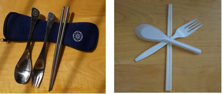 Figure 2. (woody materials: such as chopsticks, forks, spoons, cups, plates, bowls, trays, and food containers.Figure 2.Left) Consumers are encouraged to adopt reusable tableware, such as stainless-steel chopsticks, forks, and spoons used by the faculties 