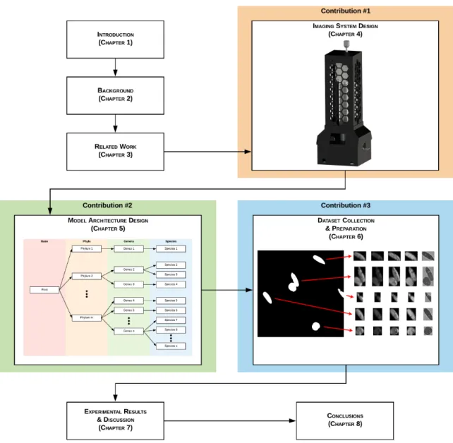 Figure 1.2: This thesis is composed of 8 main chapters. After this introductory Chapter 1, Chapter 2 goes into detail of the background of HABs and algae, while Chapter 3 present the current methods of automatic identification of algae