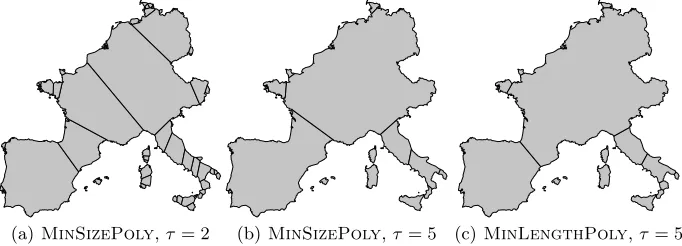 Fig. 5. Results of our algorithms for a part of Europe. Especially the MinLengthPolysolution (c) nicely reﬂects the Iberian and Italian peninsulas.