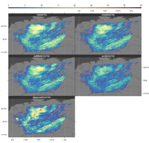 Figure 2.7: Visualization of the 24-hour aggregated rainfall rate predictions of the four ML algorithms for the exemplary day 2010/05/06.