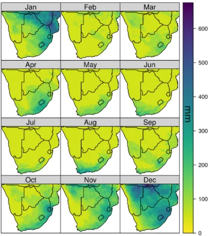 Figure 4.7: Monthly precipitation sums in mm of the year 2013 as estimated by this study.