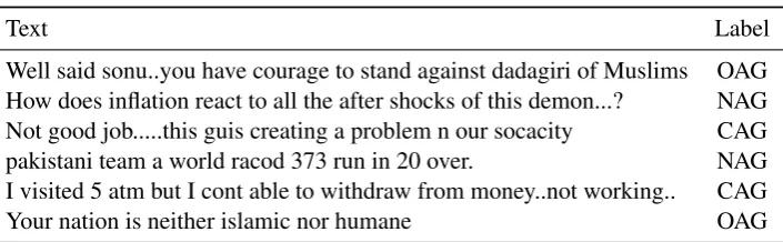 Table 1: An excerpt from the train set (OAG – openly aggressive, CAG – covertly aggressive, NAG –not aggressive).