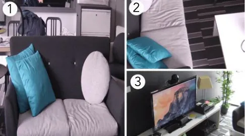 Figure 1. Video observation was captured from three angles: 1) directlyin front of the participant, to observe reactions such as gaze; 2) fromabove, to observe the device status and reactions from a second perspec-tive; and 3) to view the TV screen to maintain a comprehensive recordof the content experience.