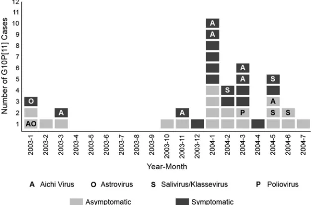 FIG 3 Temporal origin of G10P[11] RVs recovered from Vellore neonates. Blocks represent stool samples containing G10P[11] RV that were sequenced in thisstudy and are colored differently to indicate samples collected from neonates with asymptomatic and symp