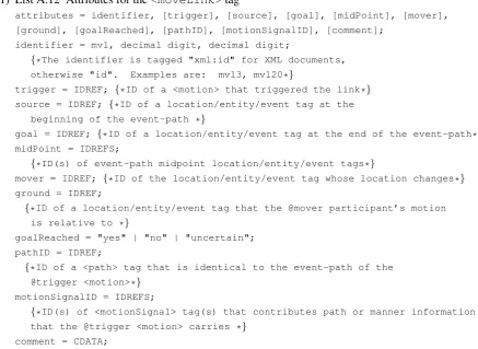 Figure 1 presents the metamodel or general structure of revised ISO-Space.Here we focus on the movement link, tagged <moveLink>, only