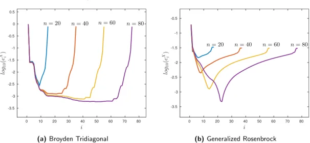 Figure 4.3: Logarithm of e X i = max {kX l n − X l−1 n k} i+p−1 l=i (i = 2, 3, . . . , n − 2p + 2) for the global optimization functions