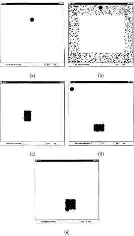 Figure 4.2: Localization in the first simulation environment : (a) Beginning of localiza-tion process; (b) Initialization of particles; (c) Mobile robot is localized; (d) Robot is kidnapped; (e) Localization failure recovery