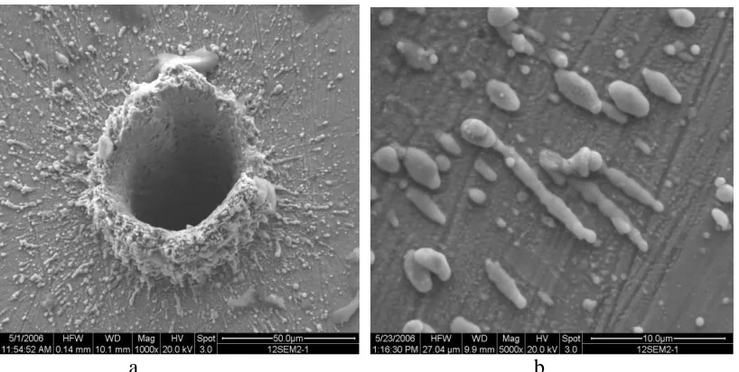 Figure 2.10:  Scanning electron micrograph (SEM) of a crater produced by nanosecond laser pulses on brass
