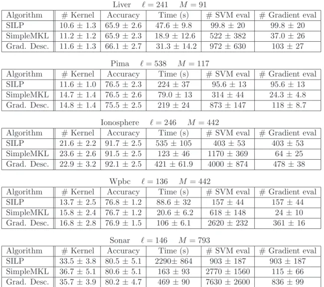 Table 1: Average performance measures for the two MKL algorithms and a plain gradient descent algorithm.