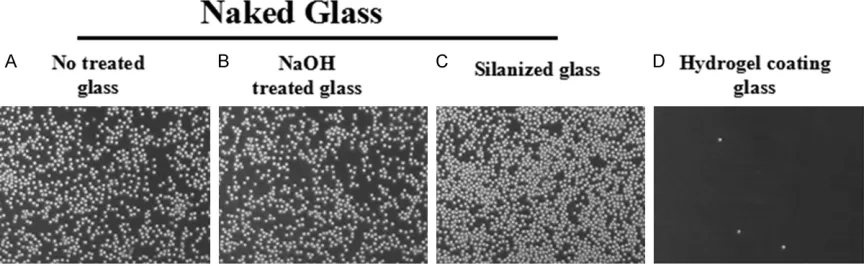 Figure 1. Nonspecific adsorption of cells on different material surface. A. No treated glass; B