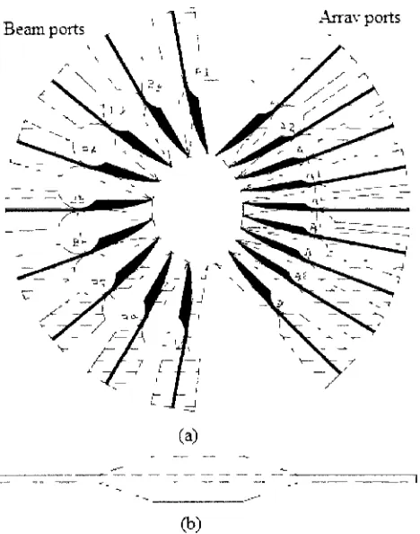 Figure 2.12 Dielectric Rotman lens (a) top view (b) side view.[28] 