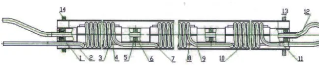 Fig. 2 Heat transfer tube set structure tube section; 8-support plate; 9-third helical tube section; 10-fourth helical tube section; 11-transition section; 12-connection l-lower end plate; 2-external pipe; 3-first helical tube section; 4-internal pipe; 5-f