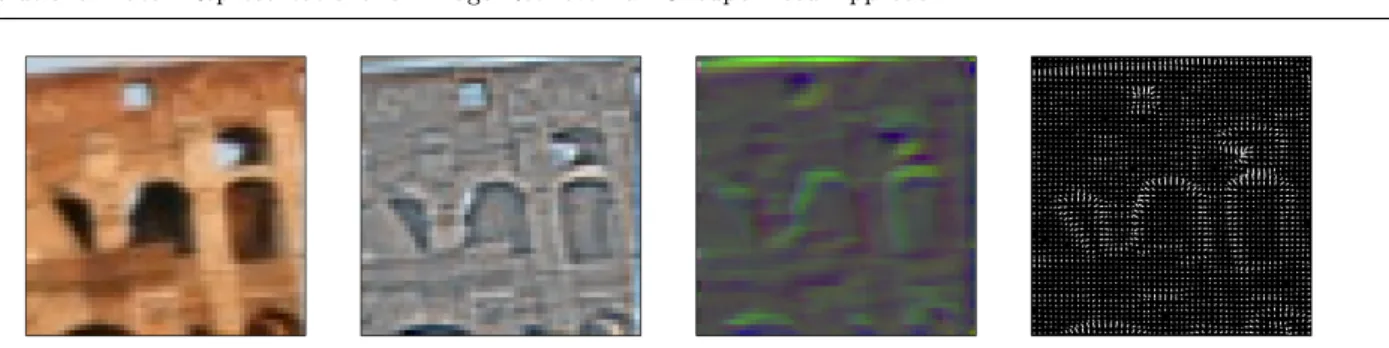 Fig. 4: Vizualization of the possible CKN inputs: CKN-raw (left); input when subtracting the mean color of each patch (middle-left); CKN-white, similar to the previous but with whitening (middle-right) and CKN-grad (right)