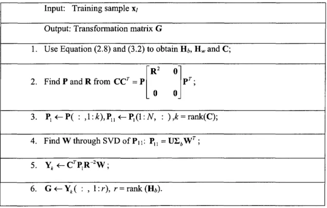 Table 3.1: MGSVD-LDA algorithm  Input: Training sample X/ 