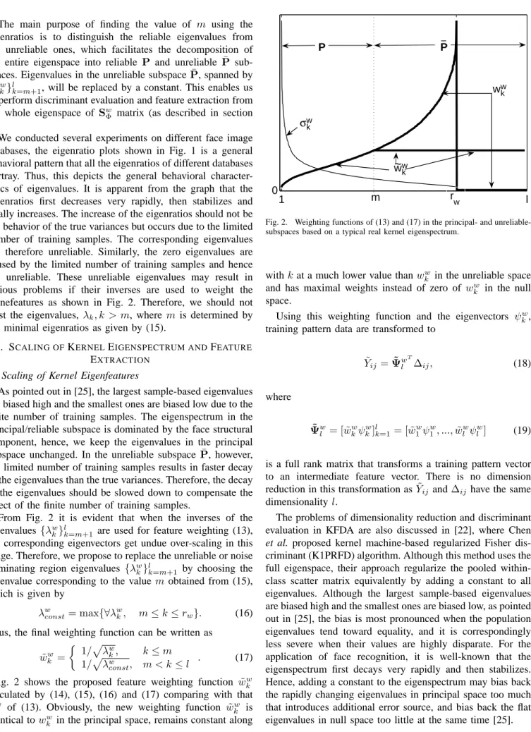 Fig. 2. Weighting functions of (13) and (17) in the principal- and unreliable- unreliable-subspaces based on a typical real kernel eigenspectrum.