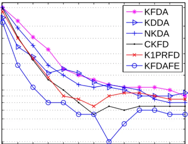 Fig. 3. Recognition error rate against the number of features used in the matching on the FERET database of 500 training images (250 subjects) and 1888 testing images (944 subjects).