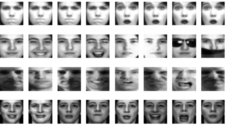 Fig. 3. Example registered images from each of the 4 datasets used. From top to bottom: CK+ [51], AR [52], CMU Multi-PIE [53], GEMEP-FERA [54].