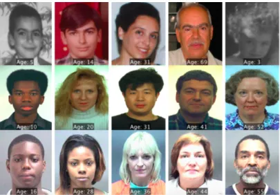 Figure 2: Sample images from the benchmark datasets with the age labelled. The first row shows the face images from FG-NET [22]
