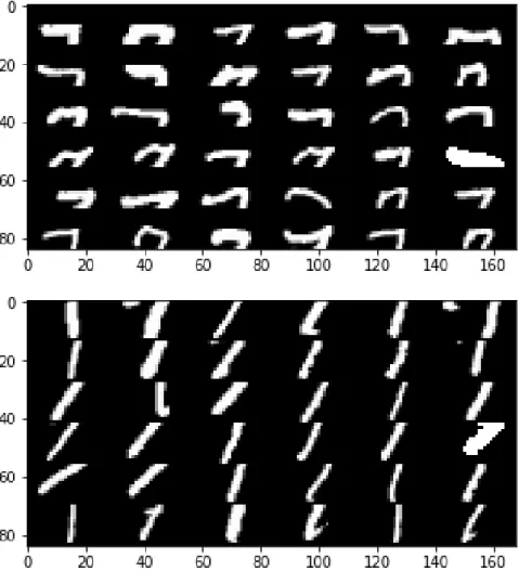 Figure 4.2: 36 examples of upper and lower parts of digit 7 images.