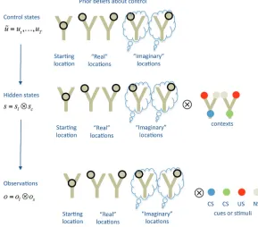 Figure 2.Generative model used in the ﬁrst simulation, which includes control states, hidden states,and observations, along with their contingencies