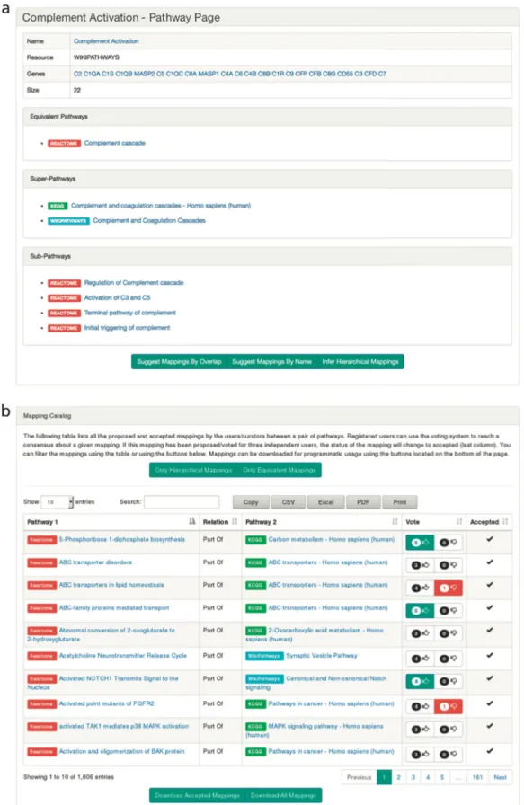 Fig. 4 a The pathway info view introduces basic pathway information such as its participating molecular entities, references, or mappings and enables automatic mapping suggestions based on different similarity metrics