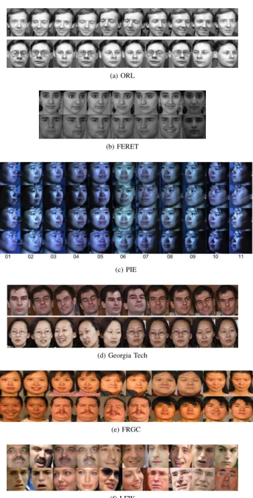 Fig. 5. Example faces of the ORL, FERET, PIE, Georgia Tech, FRGC and LFW datasets